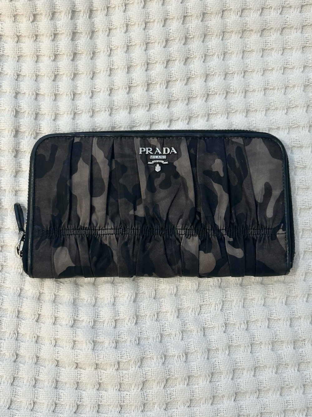 Prada Tessuto Camouflage Ruched Zip-Around Wallet
